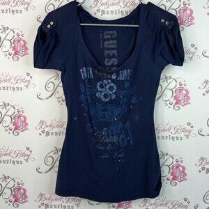 Guess tshirt tee sparkles y2k button sleeve Women's Dark Blue Graphic Tee
